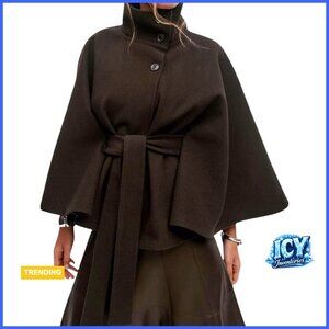 Wool Blend Cropped Pea Coat with Batwing Sleeves and Belt
